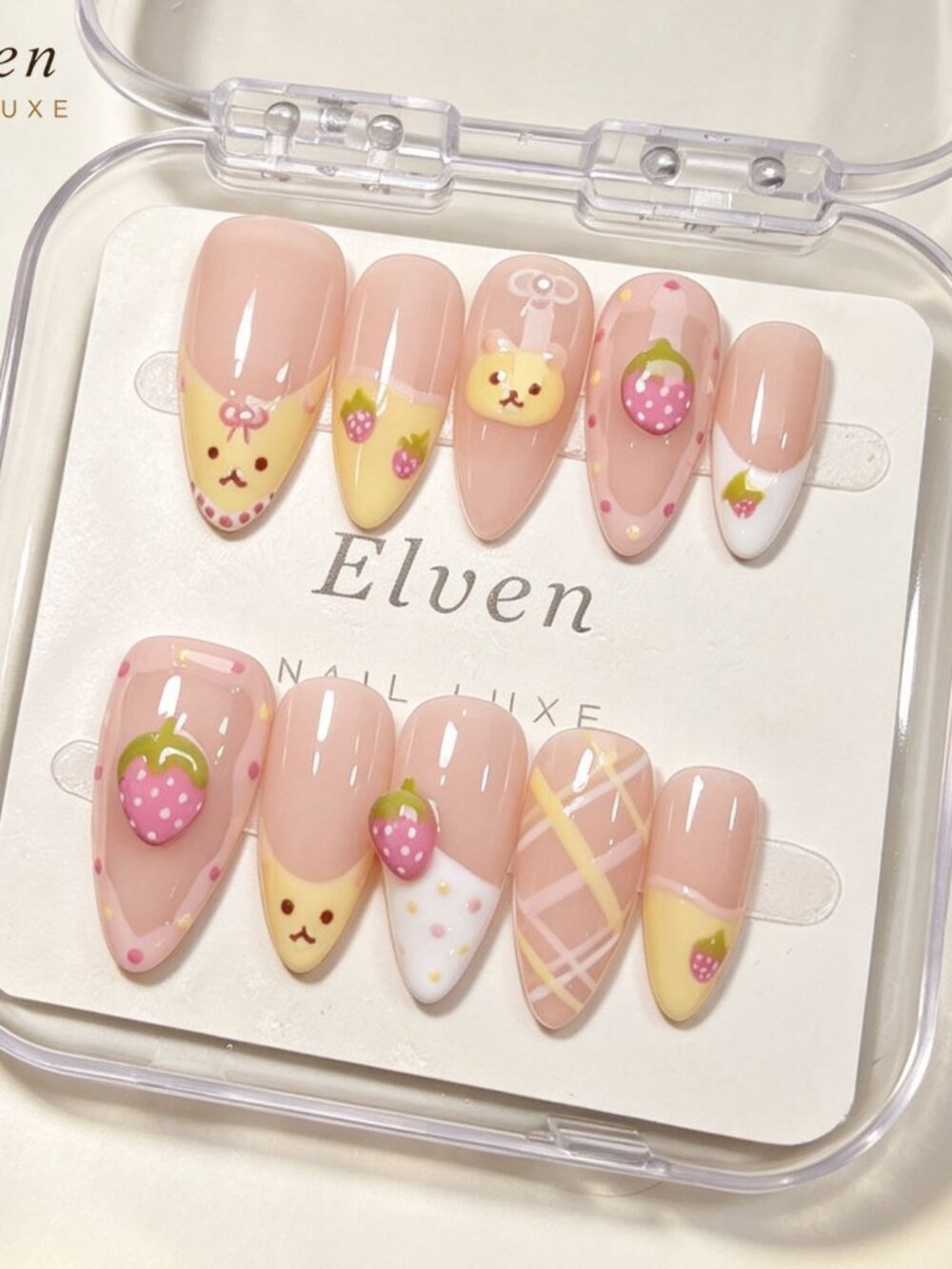Super Cute Kawaii 3D Strawberry Medium Almond Press On Nails